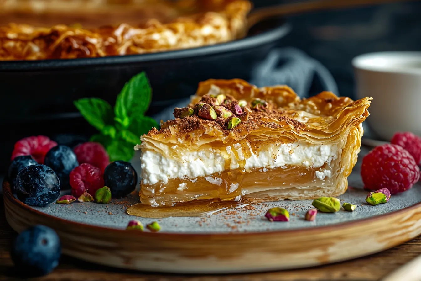 Greek honey ricotta pie with golden crust and creamy filling