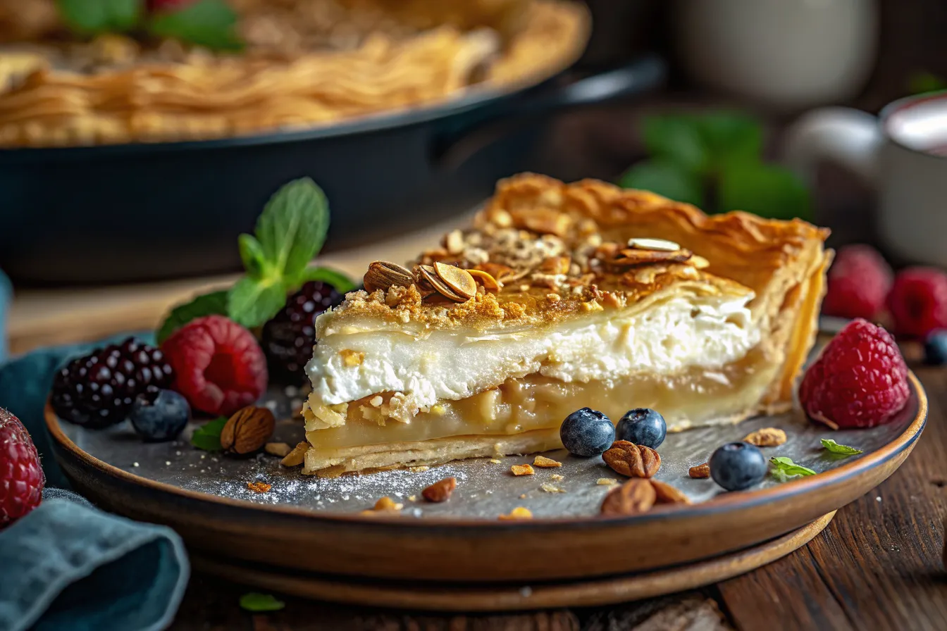 Greek honey ricotta pie with golden crust and creamy filling