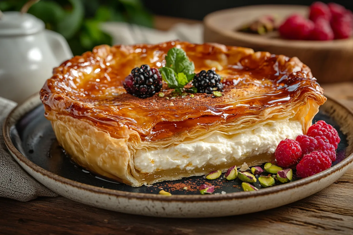 Greek honey ricotta pie with golden crust and creamy filling